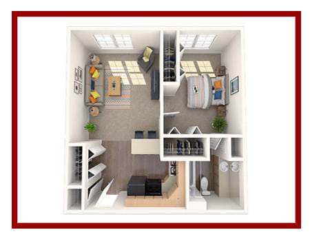 a stylized floor plan with a bedroom and a living room