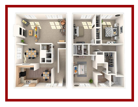 a stylized floor plan with a kitchen and a living room