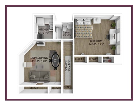 a stylized floor plan with bedrooms and a living room