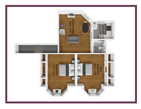 a stylized floor plan with a kitchen and a living room