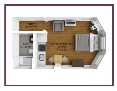 a stylized floor plan with a bedroom and a living room