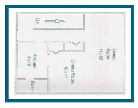 a stylized floor plan with a kitchen and a living room