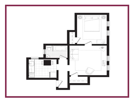 a stylized floor plan with a kitchen and a living room