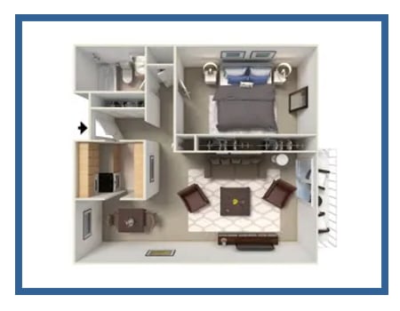 a stylized floor plan with a bedroom and a living room