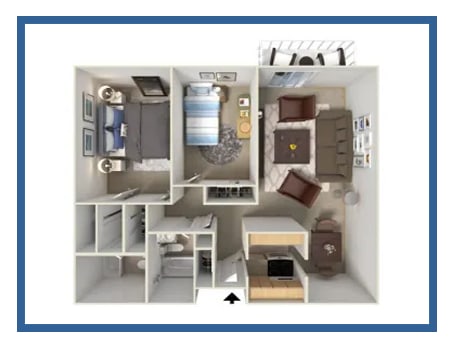 a stylized floor plan with bedrooms and a living room
