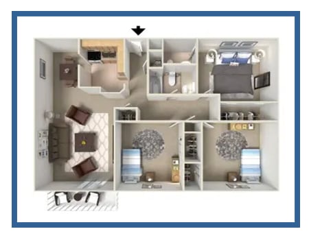 a stylized floor plan with a kitchen and a living room