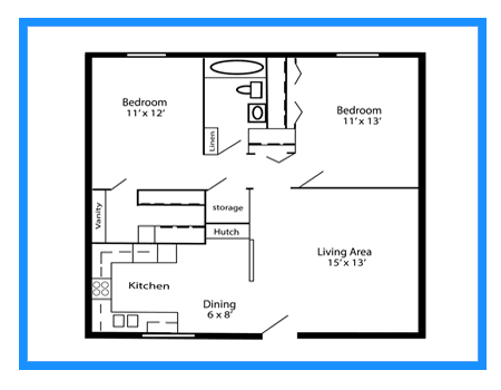 a stylized floor plan with a kitchen and a living room