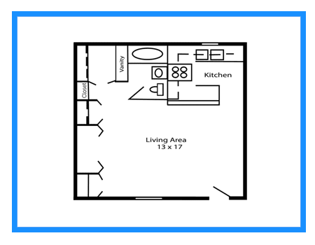 a stylized floor plan with a bedroom and a living room