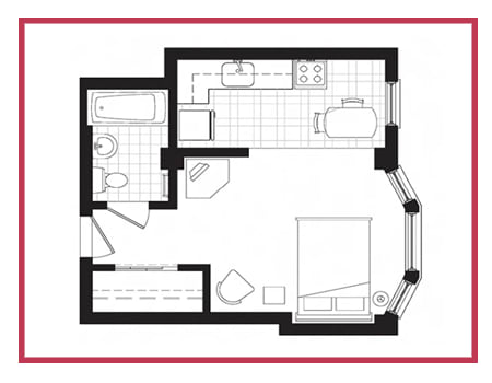 a floor plan of a small house with a bedroom and a living room