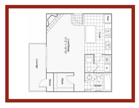 a stylized floor plan with a bedroom and a living room