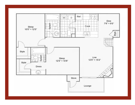 a stylized floor plan with a kitchen and a living room