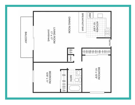 a stylized floor plan with a kitchen and a living room