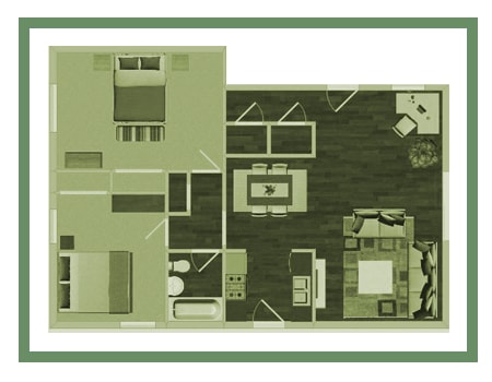 a stylized floor plan with bedrooms and a living room