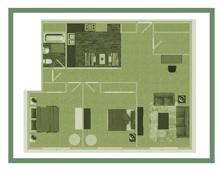 a stylized floor plan with a kitchen and a living room