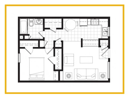 a stylized floor plan with a bedroom and a living room