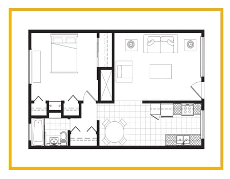 a stylized floor plan with a kitchen and a living room