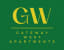 a green logo with the words gateway west apartments in yellow on a green background