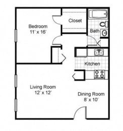 1 Bedroom 1 Bath 2D floorplan Style A2-Preservation Square, St. Louis, MO