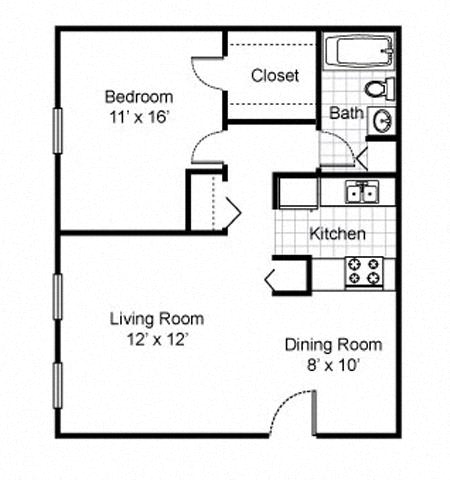 1 Bedroom 1 Bath 2D floorplan Style A2-Preservation Square, St. Louis, MO