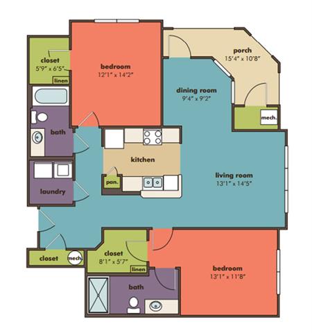 2 bedroom 2 bathroom Portia Floorplan at Abberly Crossing Apartment Homes by HHHunt, South Carolina, 29456