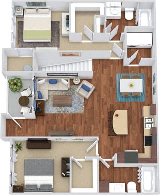 The Evans 3D. 2 bedroom apartment. 1st floor entry. Kitchen with island open to living/dinning rooms. 2 full bathrooms. Walk-in closets. Patio/balcony.