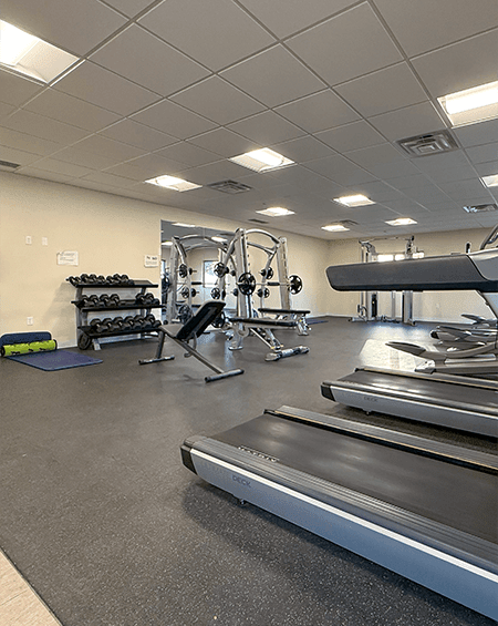 A gym with treadmills, weights, and other exercise equipment.