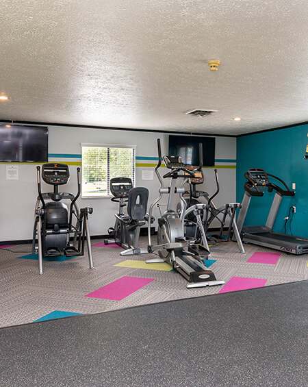 A gym with a variety of equipment including treadmills, stationary bikes, and weight machines.