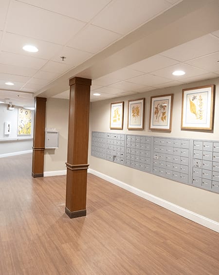 A hallway with a row of mailboxes and pictures on the wall.