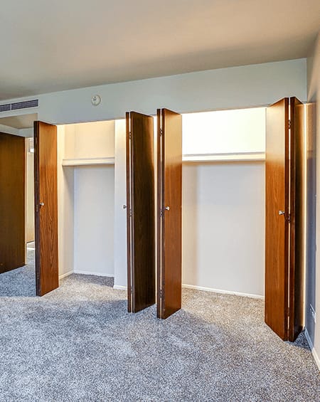 A room with a carpeted floor and three wooden doors.