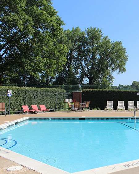 A pool surrounded by trees and chairs.