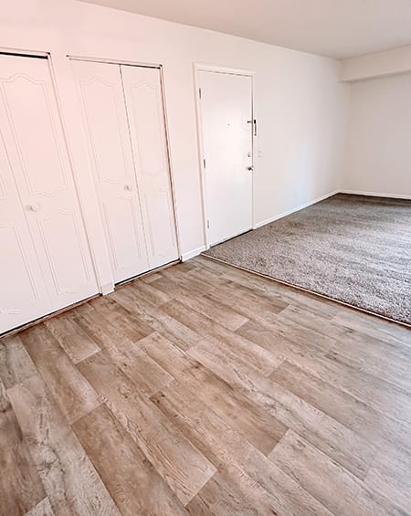 an empty bedroom with three closets and a wood floor