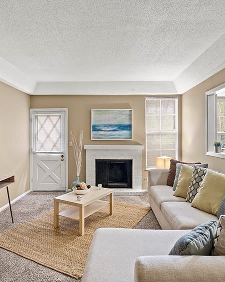 a living room with a couch and a fireplace