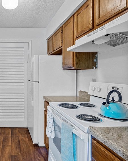 fully equipped apartment kitchen with a stove and a refrigerator