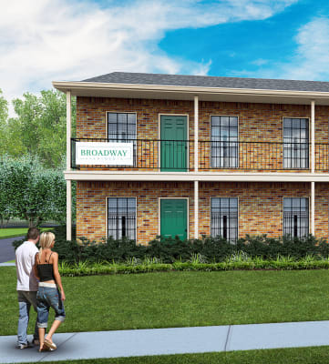a rendering of a two story brick building with green doors and shutters