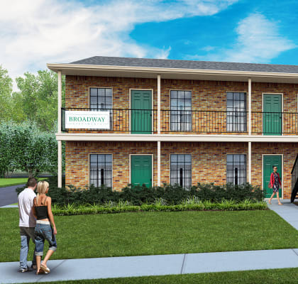 a rendering of a two story brick building with green doors and shutters