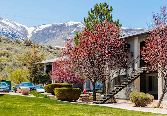 a white building with trees and mountains in the background