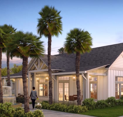 a rendering of a home with palm trees in the foreground