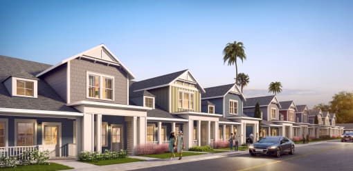 a rendering of a row of houses with palm trees in the background