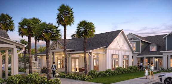 a rendering of a home with palm trees in the foreground