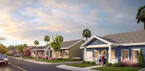 a rendering of a row of houses with palm trees in the background