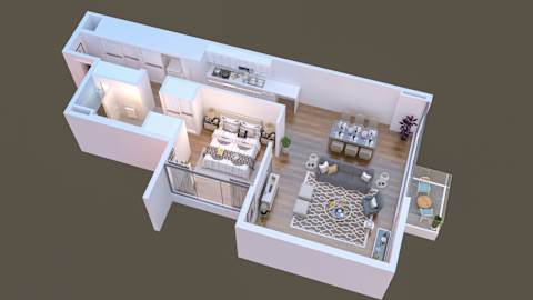 A 3D floor plan of a house showing the layout of the rooms.