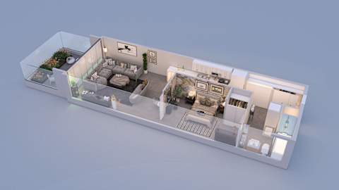 A 3D rendered image of a modern house layout.