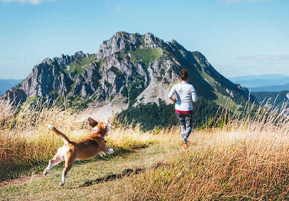 a woman running with her dog on a mountain trail