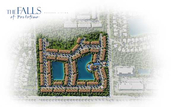 A bird's eye view of a resort with a large swimming pool and a waterfall.
