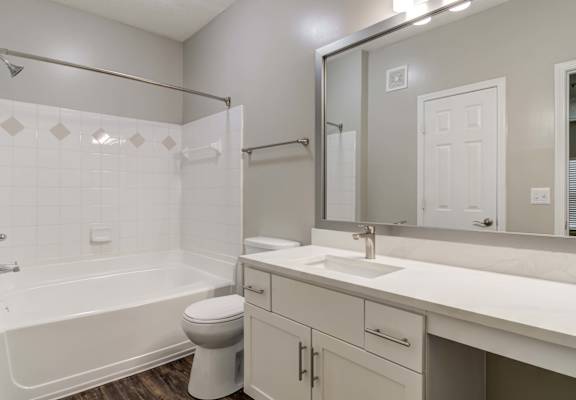 a bathroom with a mirror and a toilet and a tub