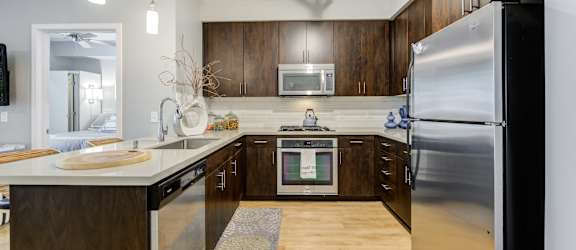 A modern kitchen with dark wood cabinets and stainless steel appliances.