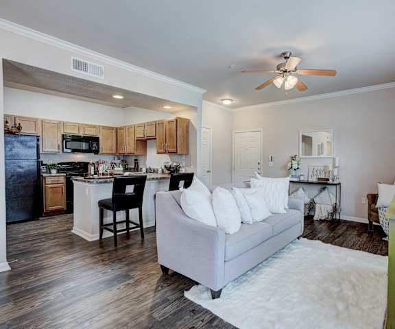 The cozy, light colored living room with a couch, plush chairs, coffee table, decorations, a TV, and view of the dining room and the kitchen with wooden cabinets and black appliances at Lincoln at Central Park Apartments. 