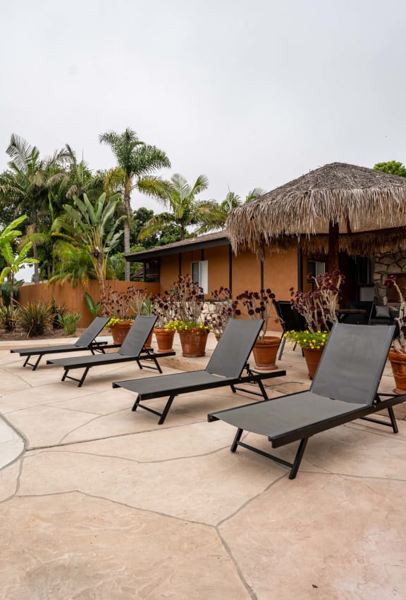 a pool and lounge chairs in front of a house with a thatched roof