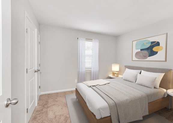 a bedroom with a bed and a door to a closet