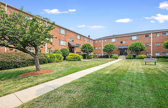 our apartments have a spacious courtyard with grass and trees
